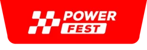 Logo de Power Fest sobre un fondo rojo trapezoidal